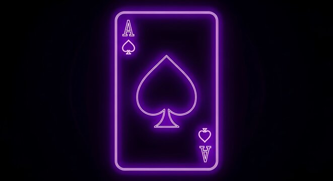 Neon spade playing card illustration glowing in vibrant purple against a dark background - Powered by Adobe