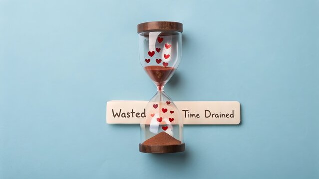 Hourglass with hearts symbolizing wasted time drained