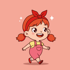 Cheerful cartoon little girl with pigtails and pink overalls walking happily, cute character illustration