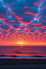 Fototapeta premium Serene Baltic Sea sunset, fiery hues paint the sky above calm waters and sandy shore, coastal, golden hour, relaxation