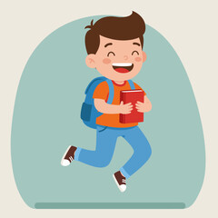 Joyful School Boy Jumps with Backpack and Book. Happy Student Excited for Back to School. Childhood Education Vector Illustration.