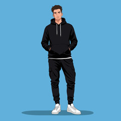 Stylish Young Man in Black Hoodie and Joggers. Modern Casual Streetwear Fashion Vector Illustration on Blue Background.