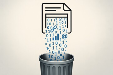 Digital data and documents being discarded into a trash bin representing data loss concept