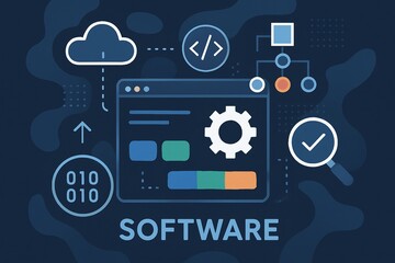 Software development concept with coding symbols, cloud computing, and data visualization elements