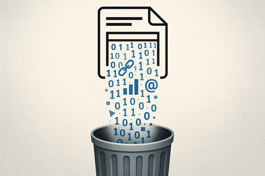 Digital data and documents being discarded into a trash bin representing data loss concept