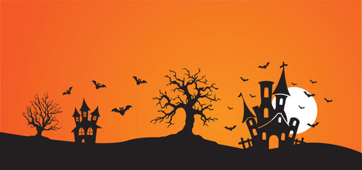 Spooky Halloween Landscape with Haunted Houses and Bats