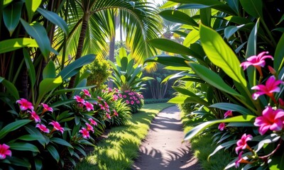 Obraz premium Sun-dappled path winds through lush tropical foliage, vibrant flowers blooming along the way, creating a secluded, tranquil escape, shadows, tranquil