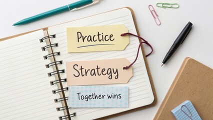 Notebook open with tags displaying practice strategy and togetherness