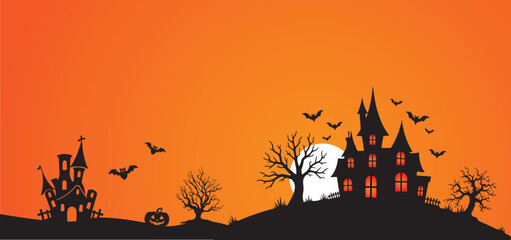 Spooky Halloween Scene with Haunted Houses and Bats