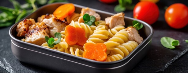 The Chicken Pasta with Fusilli and Carrot Flowers Served from a Pan