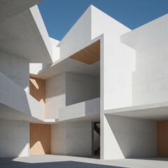 Obraz premium Modern concrete building with sharp geometric lines and wooden accents under a clear blue sky.