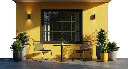 Cozy outdoor seating area with yellow wall and potted plants, isolated on white background