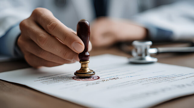 doctor is stamping an important medical document, indicating the confirmation of information, approval of treatment, issuance of a certificate, professional and legal work.