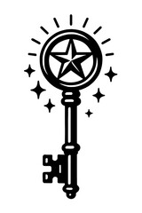 Black skeleton key icon with shining star emblem, radiant light rays, and sparkling accents. A potent symbol of unlocking hidden potential, achieving success, discovering new opportunities, embarking
