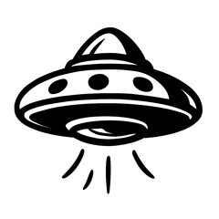 Classic black and white vector illustration of a vintage flying saucer UFO with a mysterious light beam emanating from its underside, symbolizing extraterrestrial life, sci-fi adventure, and cosmic my