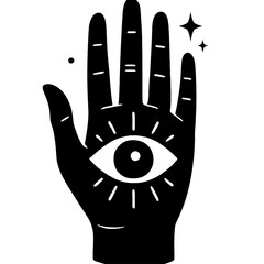 Mystical Black Hamsa Hand with All-Seeing Evil Eye Symbol in Palm, a Powerful Spiritual Protection Amulet and Talisman Vector Art Illustration. This Esoteric Design for Good Luck Wards Off Negative En