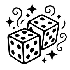 Classic illustration of two rolling dice, adorned with stylized stars and playful swirls, symbolizing chance, gambling, gaming, and good fortune. Ideal for design projects needing a touch of luck, pla