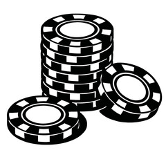 Black and white vector art of a tall stack of casino poker chips with two additional tokens. Perfect for gambling, gaming, and casino themes, symbolizing risk, fortune, and strategy in card games and