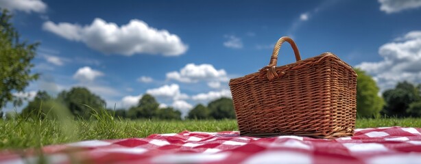 The picnic basket on a sunlit blanket under a blue sky.