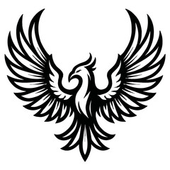 Dynamic Black Phoenix or Eagle Logo Vector Illustration. Iconic Mythical Bird Emblem with Broad Spread Wings. Perfect for Sports Teams, Gaming Clans, Brand Identity, and Esport Mascots. Powerful and M