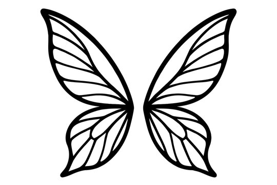 Elegant black outline butterfly or fairy wings vector art illustration with intricate line details, perfect for fantasy themes, mythical creature designs, minimalist graphics, and decorative elements.