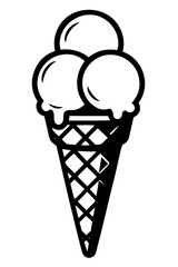 Black and white illustration of a three-scoop ice cream cone, a classic frozen dessert icon with melting scoops on a waffle cone. Perfect for summer, sweet treats, and confectionery designs. This simp