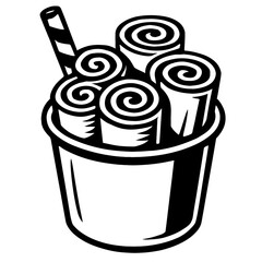 Stylized black and white vector art illustration of delicious rolled ice cream served in a cup with a striped straw, showcasing a popular frozen dessert treat, perfect for menus, summer promotions, or