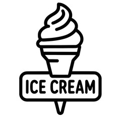 Black outline icon of a soft-serve ice cream cone above a sign with 'ICE CREAM' text. This simple, clean vector graphic is perfect for menus, branding, and promotions for frozen desserts, summer treat