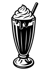 Classic retro diner milkshake vector illustration, black and white, in a tall glass, with luscious whipped cream and a straw. Ideal for vintage menus, sweet treat branding, refreshing cold beverage pr