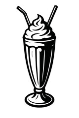 Classic retro black and white milkshake illustration with a generous swirl of whipped cream and two elegant straws, presented in a traditional tall, ribbed glass, perfect for vintage diner themes, caf