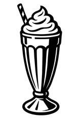 Classic Black and White Vector Illustration of a Delicious Milkshake in a Tall Ribbed Glass, featuring a Generous Swirl of Whipped Cream Topping and a Striped Straw. Ideal for Retro Diner Menus, Sweet