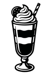 Vector illustration of a delicious layered dessert drink in a tall elegant glass, crowned with a generous swirl of whipped cream, a textured cookie, and a stylish diagonal striped straw. Perfect for m