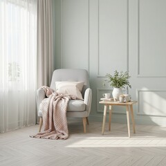 A cozy armchair with a throw blanket and decorative pillows sits next to a small side table with a vase of greenery.