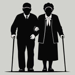 Creative design vector art of silhouette of an elderly couple walking arm in arm with canes, representing companionship and aging