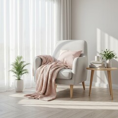 A cozy armchair draped with a soft pink blanket and a pillow, bathed in natural light from a nearby window.