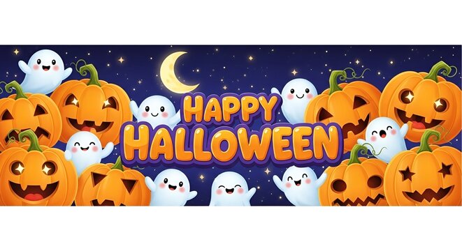 Illustration of pumpkins, ghosts, and happy halloween text under a crescent moon and stars - Powered by Adobe