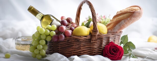 The Basket of Bread and Fruit with Wine and Rose in Soft Light