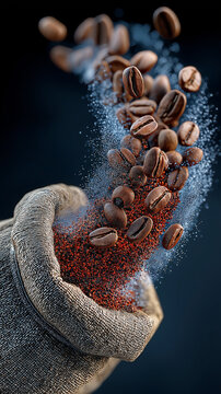 Coffee beans spilling from burlap sack with dynamic motion effect, showcasing mix of whole beans and ground coffee against dark background