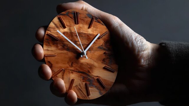A Hand Holding a Stylish Wooden Clock Showcasing Unique Craftsmanship and Natural Materials, Emphasizing Timekeeping with a Modern Aesthetic in a Minimalistic Setting