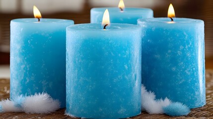 Arrangement of burning blue candles light and fluffy decor for relaxation