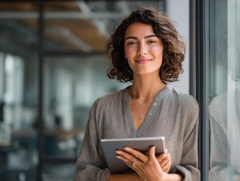Smiling young Hispanic professional business woman using tablet standing in office. Happy businesswoman manager, female executive leader holding tab at work, looking at camera. Portrait