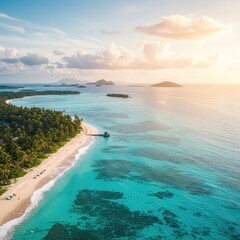 Fototapeta premium Aerial view of a tropical island coastline with white sand beach, palm trees, and crystal clear turquoise water.