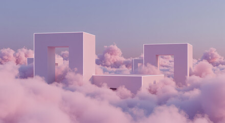 Abstract architectural forms floating in pink clouds serene design concept
