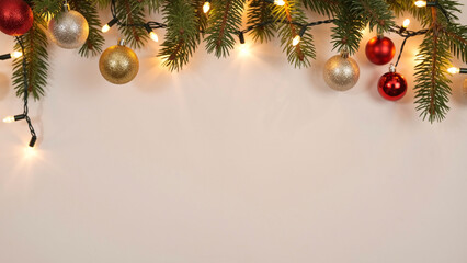 Christmas Garland with Red and Gold Baubles and Lights on White Background