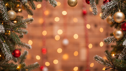 Christmas Pine Branch Frame with Red and Gold Baubles and Warm Bokeh Lights