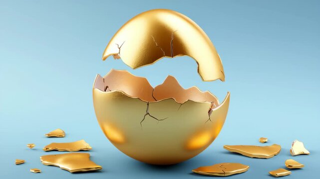 Golden egg shell gradually cracking open, revealing intricate textures and broken pieces scattered around, symbolizing transformation and new beginnings in a visually captivating sequence