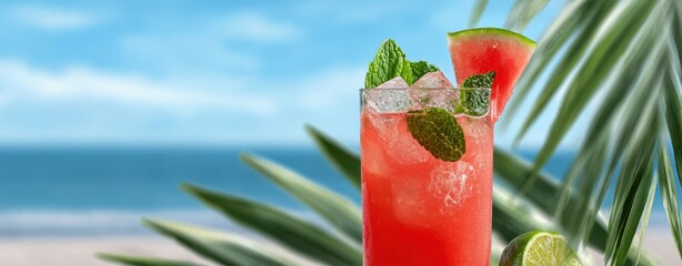 The Red Tropical Cocktail on a Sunny Beach by the Ocean Breeze