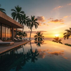 Luxurious modern villa with an infinity pool overlooking the ocean at sunset with palm trees.