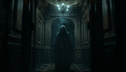 Sinister Figure in Cloak Within a Darkened Hallway