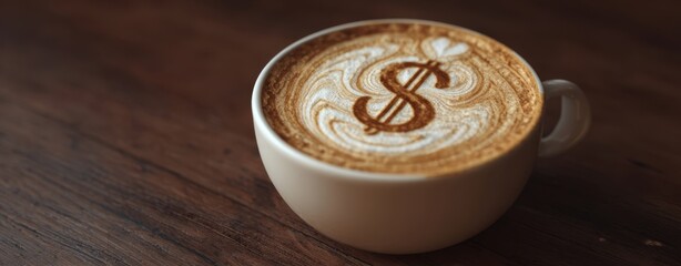 The Latte Cup with Dollar Sign Latte Art on a Wooden Table